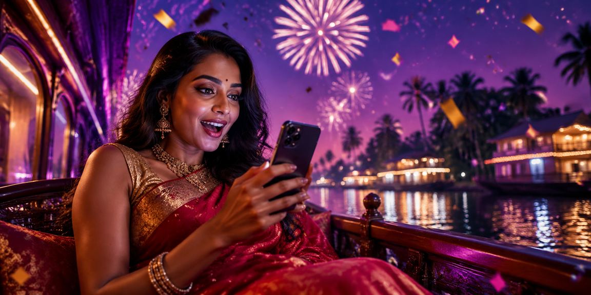 Player enjoying casino bonus in Indian traditional attire